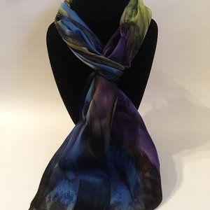 Hand Painted Silk Scarf Eggplant Purple Blue Olive